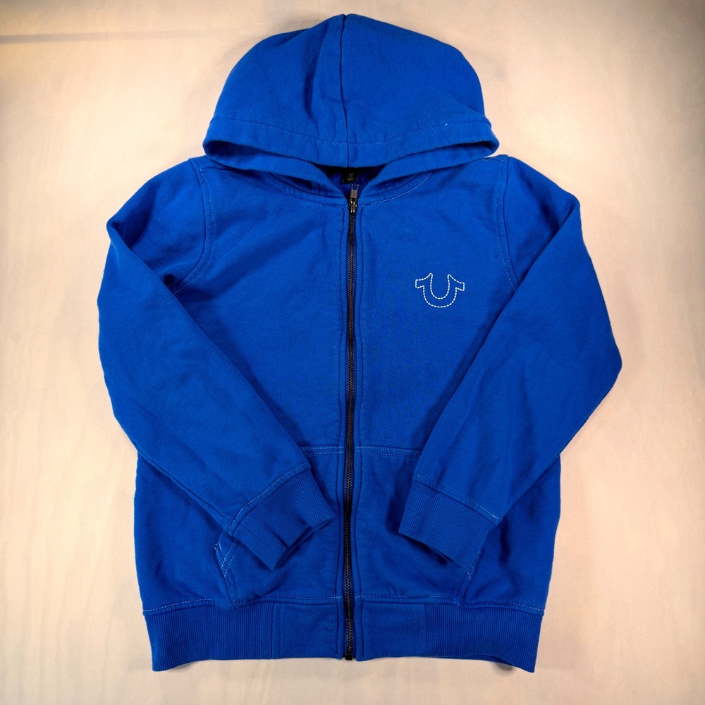 True Religion Boys Royal Blue Full Zip Hoodie World Tour Logo Size L 12/14